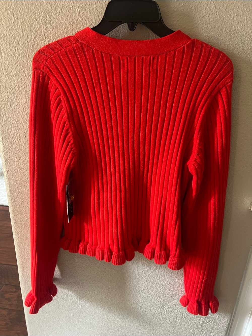Laundry By Shelli Segal Bright Red Ribbed V-Neck Cardigan with Ruffle Trim - Picture 5 of 6